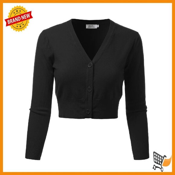 Sweaters - Soft 3/4 Sleeve Cropped V-Neck Cardigan Sweater - Viscose Blend